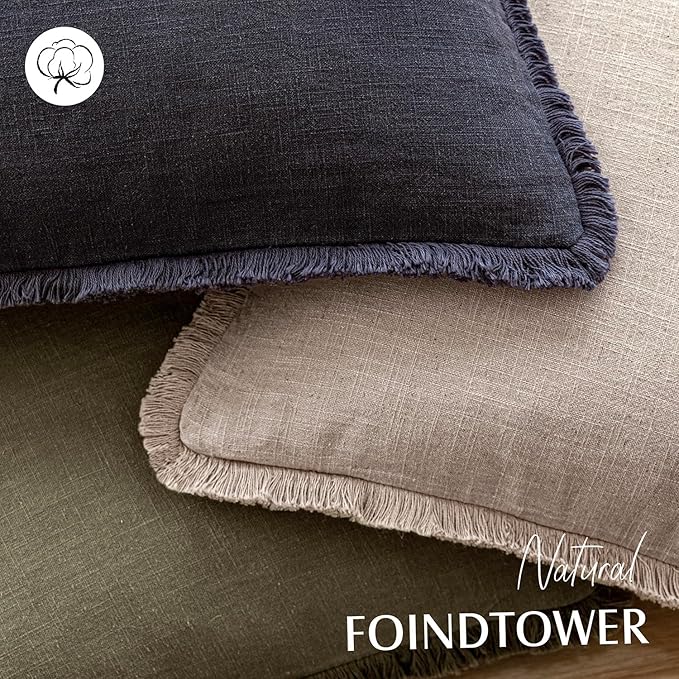 Foindtower Set of 2 Decorative Linen Fringe Lumbar Throw Pillow Covers Farmhouse Cushion Cover with Tassels Accent Pillowcase for Couch Sofa Bed Living Room Home Decor,12×24 Inch,Natural Linen