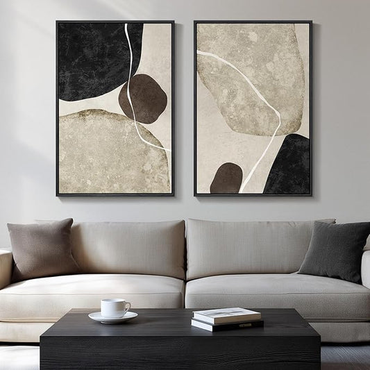 Large Framed Neutral Abstract Wall Art Set of 2, Modern Black Beige Brown Canvas Prints Paintings Artwork for Walls, Minimalist Stone Shape Pictures for Living Room Dining Bedroom Wall Decor 24x36 In