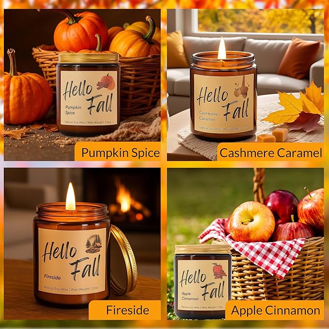 Lihome Fall Candles,Fall Gift for Home Decor, Natural Soy Wax Scented Candles Set- Spicy Pumpkin/Apple Cider/Autumn Harvest/Autumn Leaves(4pcs)