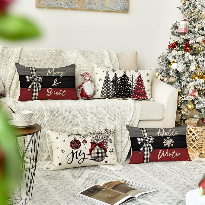 AVOIN colorlife Merry Christmas Joy Xmas Trees Red Throw Pillow Covers, 12 x 20 Inch Christmas Winter Holiday Cushion Case Decoration for Sofa Couch Set of 4