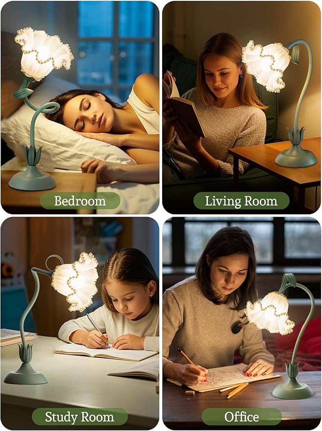 Flower Table Lamp Bedside Lamps LED Reading Light,3 Color Modes Cute Small Lamp,Vintage Flower Lamp Kawaii Table Lamp for Bedroom Living Room Office Dorm Desk Home Decor (Pearl Green lamp)