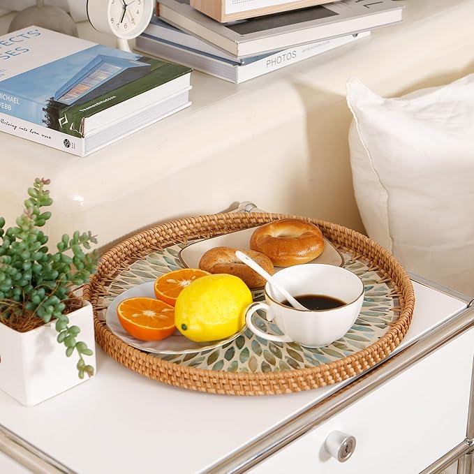 Round Rattan Tray with Mother of Pearl Inlay & Wooden Base - Decorative Wicker Serving Tray for Coffee/Bread/Fruits, Food Storage & Display - Multipurpose Home Decor (M,Colorful Leaves)