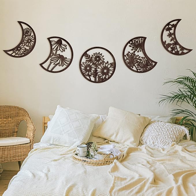 Jetec 5 Pcs Moon Phase Wall Hanging Decor Art Above Bed 10.6" H Boho Moon Phase Wood Wall Pediment Ornament for Living Room Bedroom Home Decoration Room Apartment Bar(Brown)