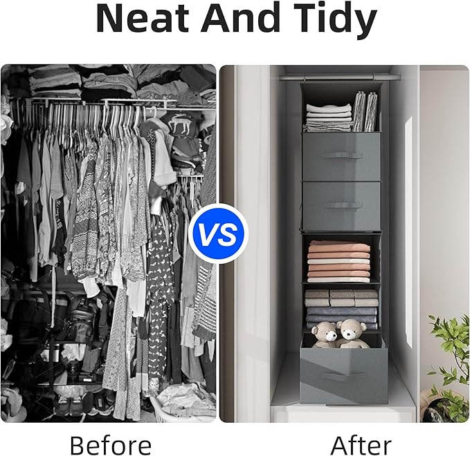 Twira 6-Shelf Hanging Closet Organizer, 2 Separable 3-Shelf Hanging Shelves, Hanging Storage with 3 Removable Drawers 4 Side Pockets, Storage Organizer for Closet, Nursery (Dark Grey)