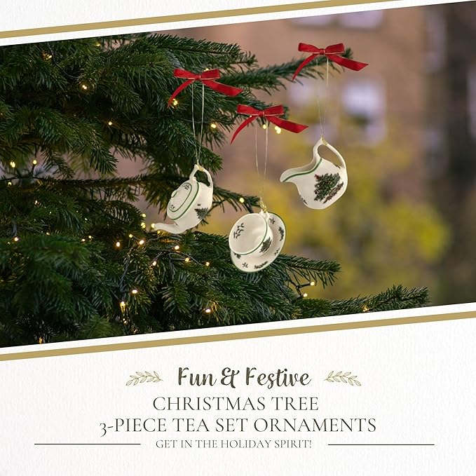 Spode Christmas Tree 3-Piece Tea Set Ornament, Durable Holiday Ornament for Festive Decor & Winter Wonderland Display - Sleek Seasonal Ornaments for Tree, Mantel, Holiday Home Decoration