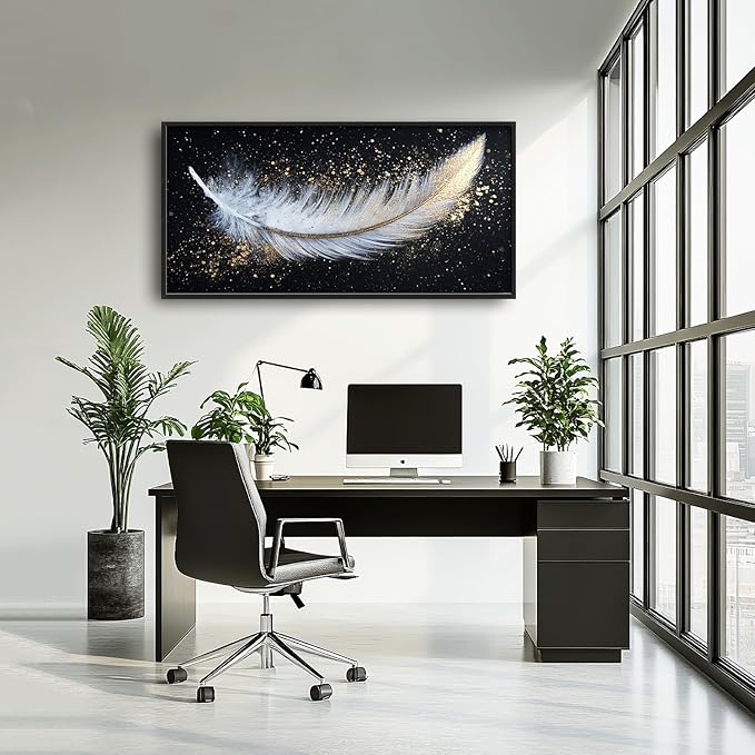 Flintis Large Feather Framed Wall Art White and Gold Feather Pictures Wall Decor Abstract Modern Canvas Painting Print Artworks Decor Framed for Living Room Bathroom Master Bedroom 60L X 30W