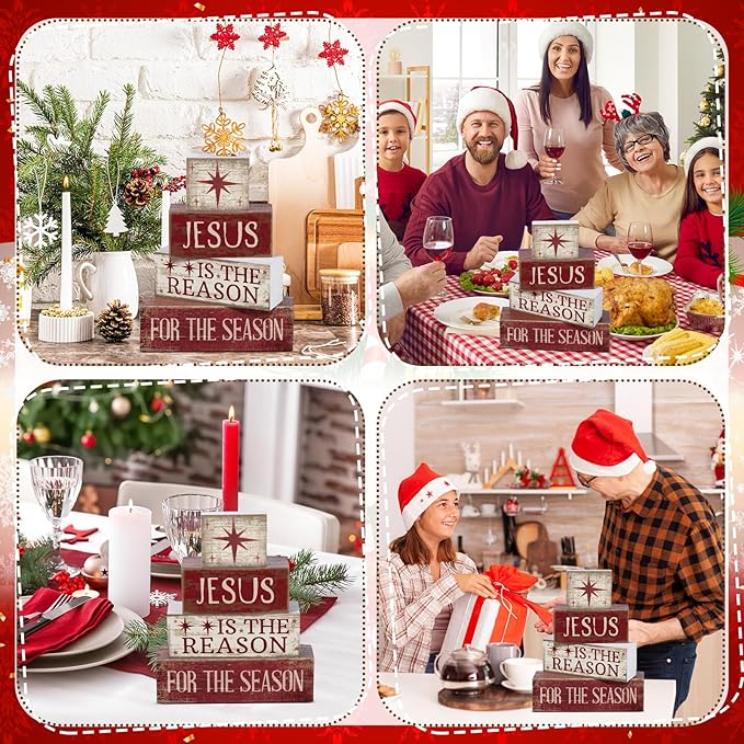 4 Pcs Christmas Table Decoration Jesus Decor Christmas Tiered Tray Decor Christian Centerpiece Decorative Jesus Block Signs Gift Farmhouse for Religious Home Office Tabletop Kitchen Office