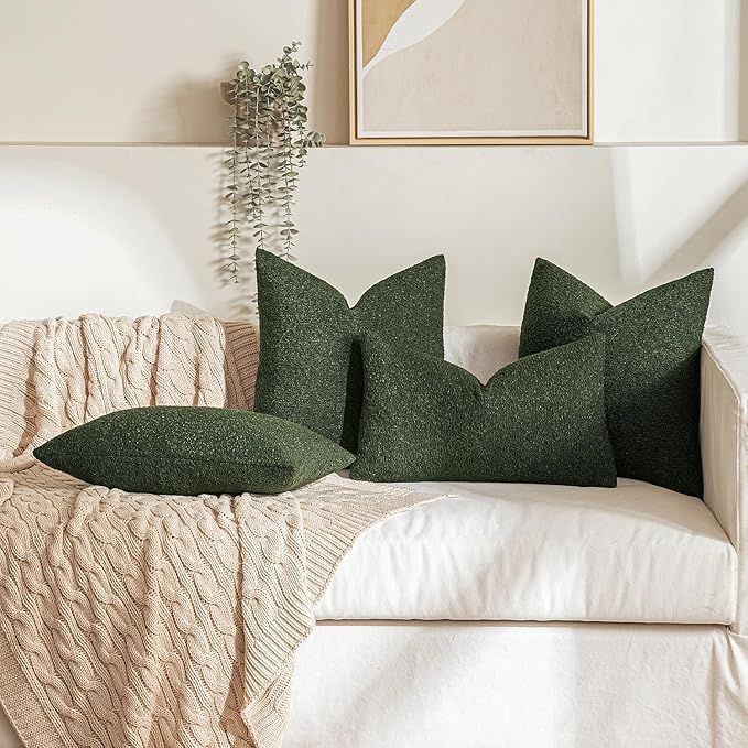 MIULEE 20x20 Inch Decorative Pillow Covers for Couch Bed Set of 2 Textured Boucle Neutral Throw Pillows Dark Green Accent Solid Cushion Pillowcase Cozy Soft Sofa Livingroom Home Decor
