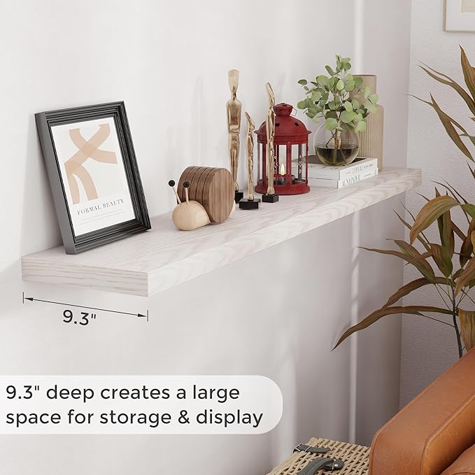 Floating Shelves 55 Inch Long, 55"W x 9.3"D Wall Shelf Invisible Bracket, 9.3 Inch Deep Floating Shelf for Wall, Rustic Wooden Shelves for Living Room, Kitchem, Bedroom, Brich Color, Set of 1