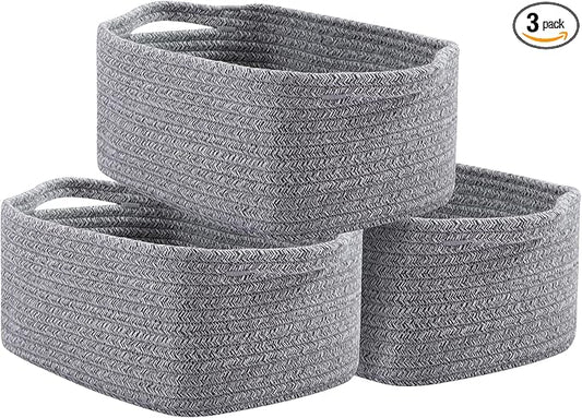 OIAHOMY Cotton Rope Baskets, Woven Baskets for Storage, Nursery Storage Baskets, Rectangle Storage Basket with Handles, Storage Baskets for Shelves, Pack of 3, Gray Variegated