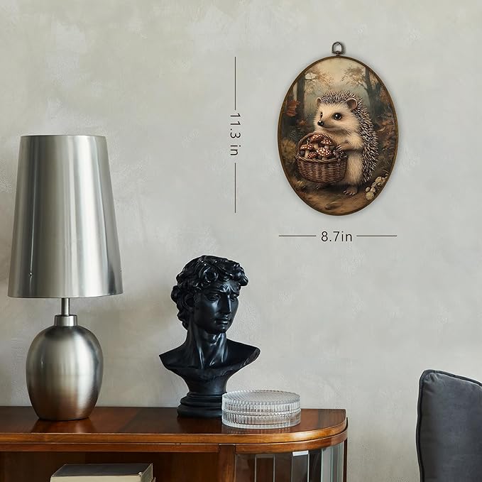 Gnmduw Vintage Hedgehog Oval Wall Art Framed, Fall Cottagecore Mushroom Canvas Prints Hanging Decor, Dark Academia Mushroom Hedgehog Wall Decor for Nursery Gallery Bedroom Living Room, 8.7x11.3 In