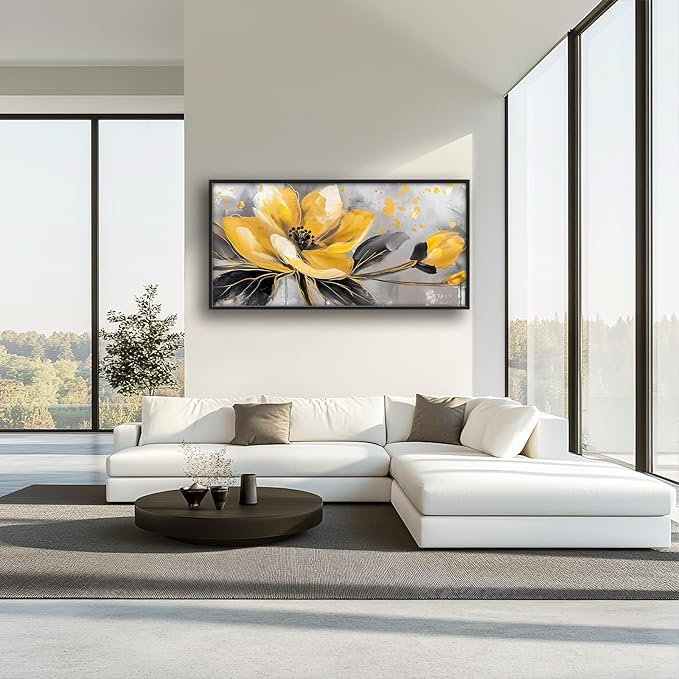 Framed Large Wall Art for Living Room, Yellow Floral Canvas Wall Decor, Gold Flower Pictures Painting, Natural Landscape Artwork for Living Room Bedroom Office 60L'' × 30W''