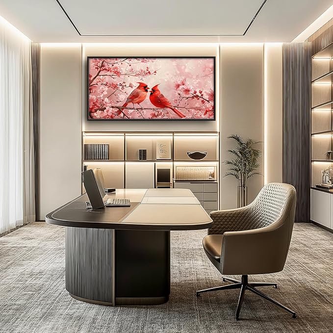 Flintis Large Cardinals Wall Art Red Cardinals Pictures Wall Decor Abstract Animal Canvas Painting Print Artwork Decoration Framed for Living Room Bathroom Master Bedroom Office Dining 60L x 30W