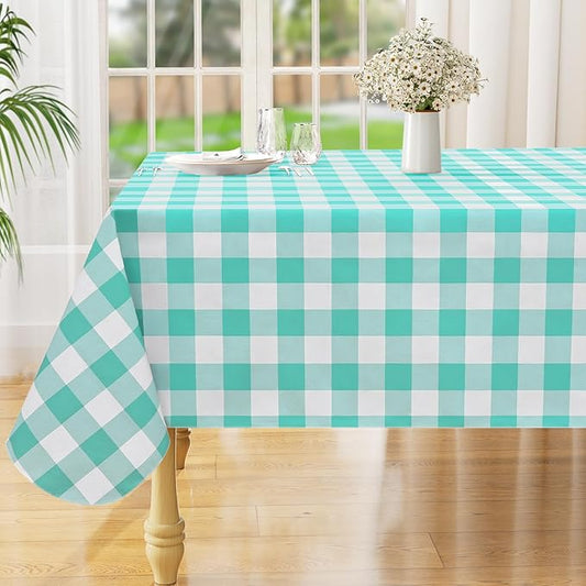 misaya Rectangle Waterproof Vinyl Table Cloth, Buffalo Flannel Backed Tablecloth, Wipeable Plastic Table Cover for Dinner, Kitchen, Outdoor (52" x 70", Teal and White)