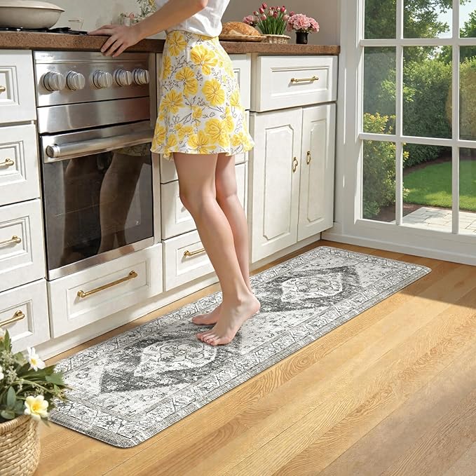 KIMODE Kitchen Runner Rug,17.3" x 59" Farmhouse Anti Fatigue Kitchen Mats for Floor Cushioned,Non-Slip Waterproof Comfort Thick Kitchen Floor Standing Mat for Front Sink,Laundry Room,Grey