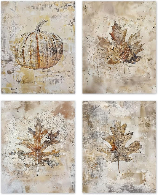 TLESKE Vintage Fall Leaves Pumpkin Posters Prints Unframed 8x10 Set of 4, Autumn Rutsic Maple Oak Leaf Wall Art Prints Decor for Farmhouse Bedroom Living Room, Thanksgiving Wall Pictures