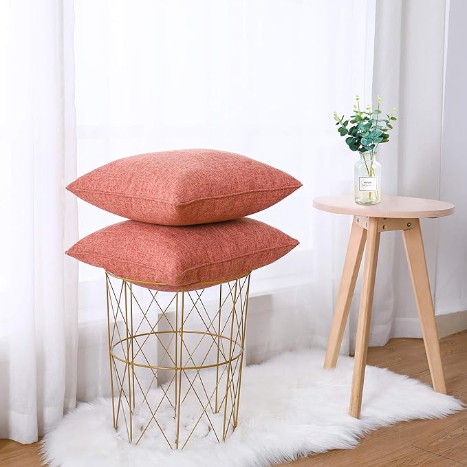 HPUK Linen Throw Pillow Covers Pack of 2, 18x18 Inch Accent Cushion Covers for Living Room, Bedroom, Decorative Solid Color Pillow Covers for Couch, Sofa, Chair, Coral