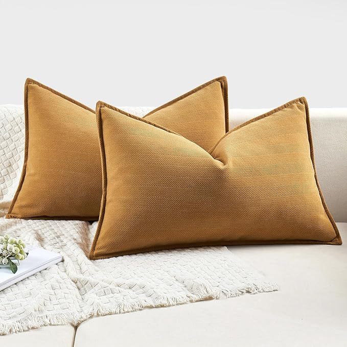 MIULEE Pack of 2 Mustard Yellow Decorative Lumbar Pillow Covers 12x20 Inch Soft Chenille Luxurious Couch Throw Pillows Farmhouse Cushion Covers with Elegant Design for Sofa Bed Living Room Home Decor