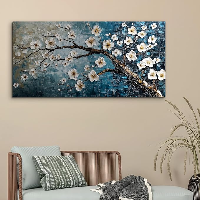 crmotu Teal Tree Wall Art, Plum Blossom Extra Large Artwork, Chinoiserie Floral Canvas Botanical Prints, Blue Plant Modern Wall Pictures for Living Room Bedroom Office Farmhouse Cottage 30X60 Inches