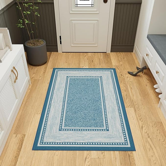 Ottomanson 3'3" x 5' Rugs for Living Room Border Area Rug for Bedroom - Non Slip Durable Large Floor Carpet for High Traffic Areas - Indoor Rug for Dining Room Kitchen Kids Playroom, Turquoise