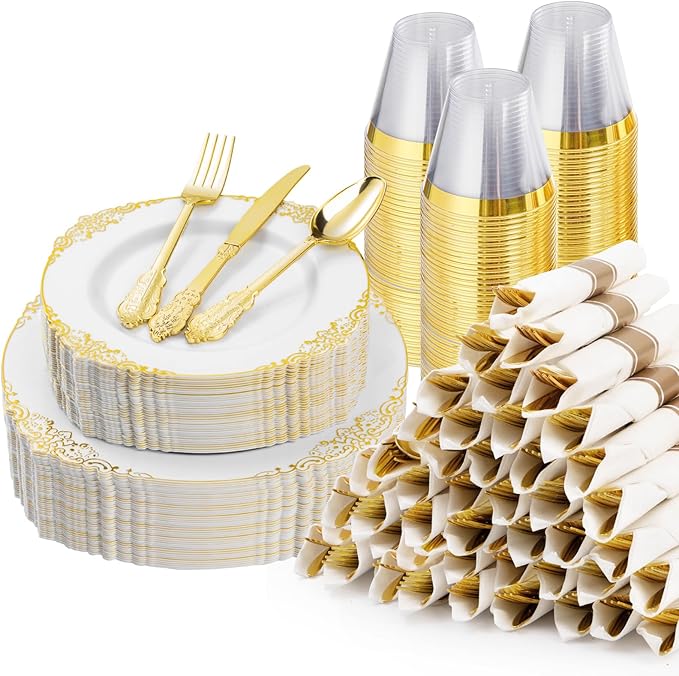 350PCS Gold Plastic Plates for 50 Guests, Disposable Dinnerware Sets Include 100 Gold Rim Plastic Plates, 50 Silverwares, 50 Cups, and 50 Pre Rolled Napkins for Party, Wedding, Graduation