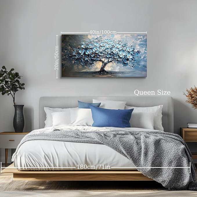 crmotu Tree of Life Large Wall Art, Blue Tree Oil Paintings Art Prints, Blooming Flowers Canvas Wall Decor, Modern Abstract Wall Pictures for Living Room Bedroom Bathroom Home Office 20"X40"