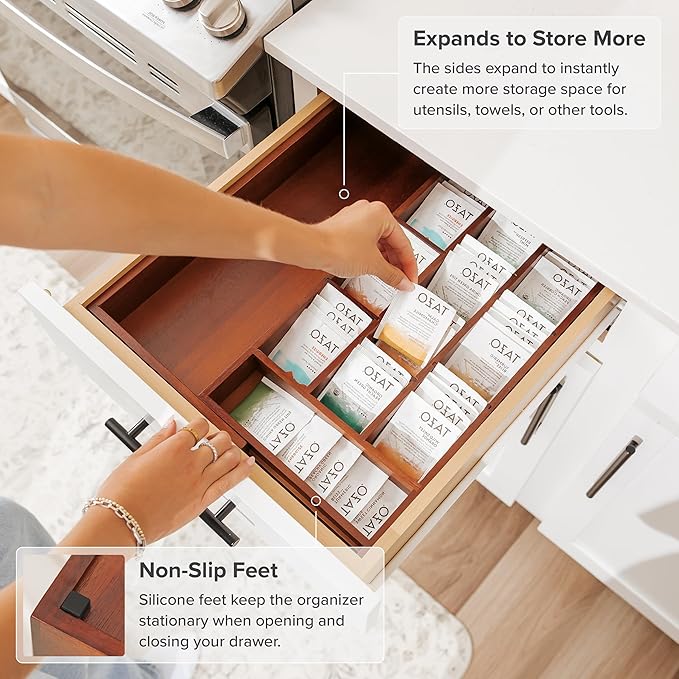 Acacia Tea Bag and Coffee Pod Kitchen Drawer Organizer, Expandable 9.7 to 17 Inches, 10 Storage Compartments, Adjustable Wall Inserts, Non-Slip Feet, Food-Safe