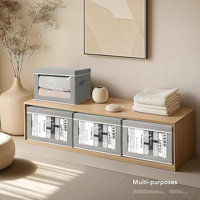 Large Storage Baskets Bins with Lids - Stackable Cube Bins for Closet, 3 Pack Grey Windows Organizer Bins, Home Organizers and Storage for Clothes, CD, Towels