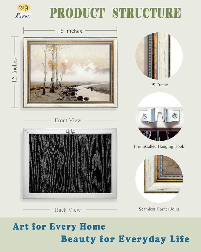 EAFPG Textured Gel Finish Gold Framed Vintage Wall Art for Bathroom, Autumn Landscape Canvas Prints for Living Room, Bedroom & Kitchen, Aesthetic Paintings for Office, Rustic Wall Decor, 12"x16"