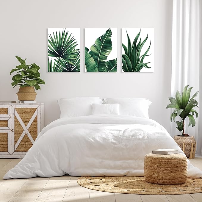 COSCTOR Botanical Wall Art Set of 3 Bathroom Green Plant Tropical leaf Picture Framed Prints for Home Living Room Bedroom Restroom Decoration(Framed,12x16)
