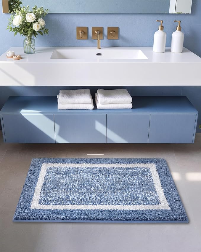 Color&Geometry Simple and Stylish Bathroom Runner Non Slip, 24"x43" Light Blue Bath Runner Rug, Absorbent, Soft, Washable, Microfiber Bath Mat Bathroom Carpet