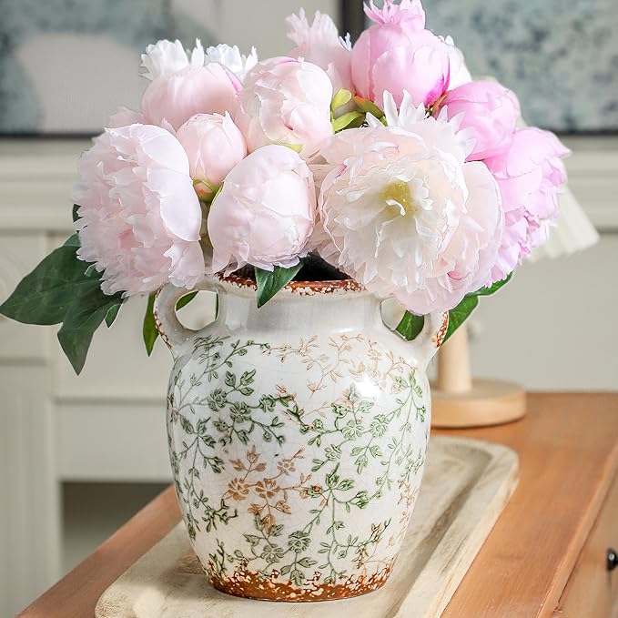 Enra Vintage vase,7.8 Inch Green and Beige Ceramic Decorative Flower vase, Chinoiserie Floral Vase,Large Rustic Vases for Home Decors, Living Room, Bookshelf, Office