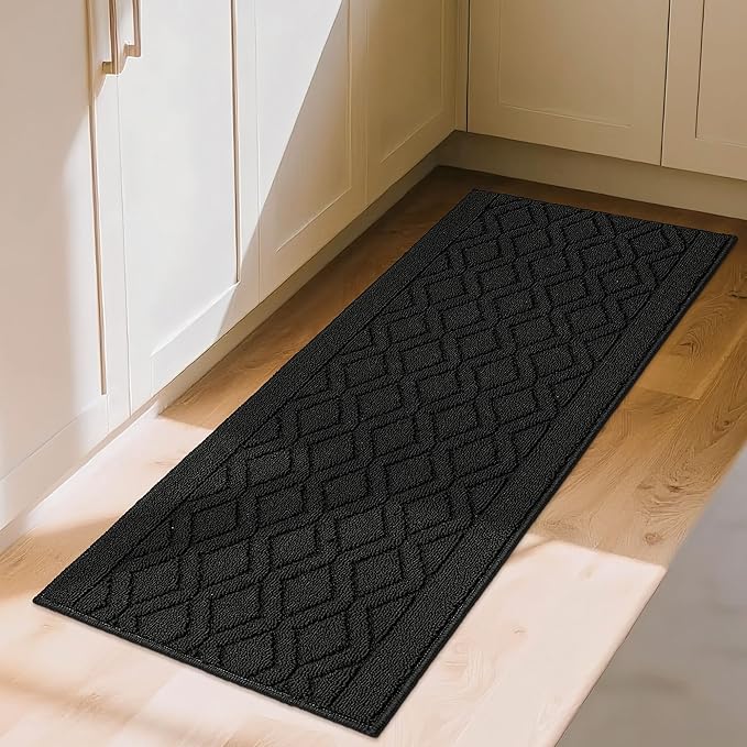 COSY HOMEER-Kitchen-Rugs-and-Mats 20"x48" Non Slip Kitchen Mats for Floor Absorbent Washable Kitchen Runner Standing Floor Mat for Sink Mat,Entry,Laundry,Polypropylene,Black