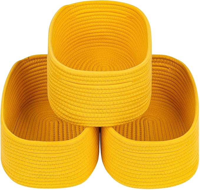 CubesLand Rope Woven Storage Baskets, Small Baby Nursery Organizer Basket, Rectangular Organization/Storage Bins, Closet Shelves Baskets，Empty Gift Basket 3 Packs, Yellow