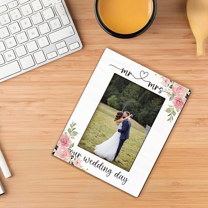 Wedding Picture Frame 5x7, Engagement Photo Frame, Engagement Gifts for Couples Newly Engaged, Mr and Mrs Our Wedding Day Couples Wooden Picture Photo Frames for Desk Home Room Decor