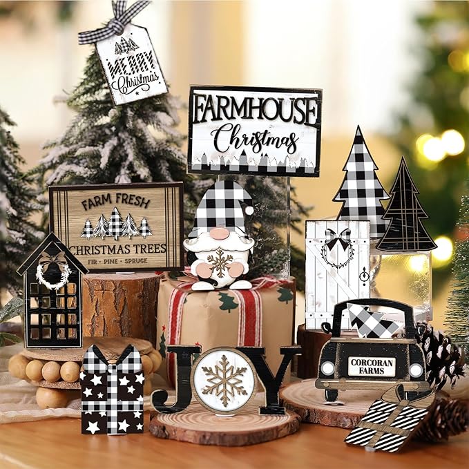 17 Pcs Christmas Tiered Tray Decor Set Winter Tiered Tray Decorations Farmhouse Tabletop Centerpiece Christmas Wooden 3D Sign for Xmas Home Buffalo Plaid Rustic Table Decoration(Gnome)