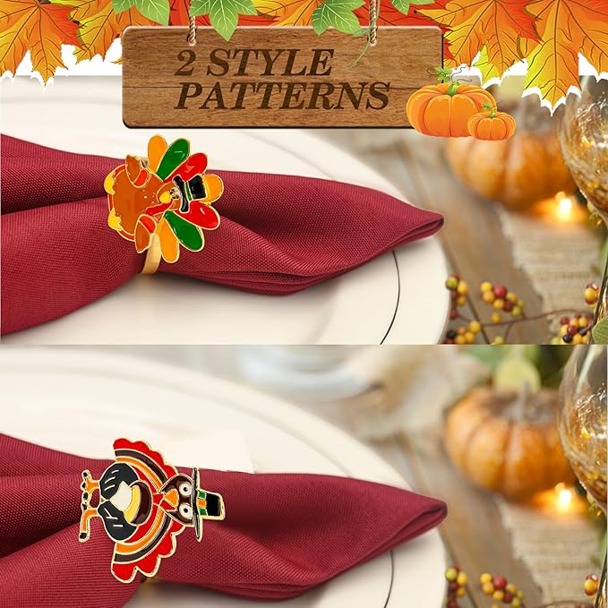 KPOSIYA Thanksgiving Napkin Rings Set of 12， Turkey Napkin Rings Vintage Alloy Fall Napkin Holders for Holiday Dinner Parties, Weddings, Family Gatherings