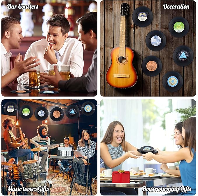 Valdivia Retro Vinyl Record Coasters with Player, 6PCS Music Coasters for Drinks, Home and Coffee Table Decor, Housewarming Gifts New Home Apartment Gifts for Music Lovers, Birthday Gifts for Men
