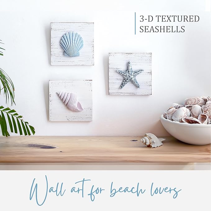 TideAndTales 3D Beach Wall Art - Seashell with Starfish for Coastal Bathroom Decor, Ocean Inspired Decor for Bathroom, Coastal Bedroom, Living Room or Beach House, Set of 3 (6”x 6”)
