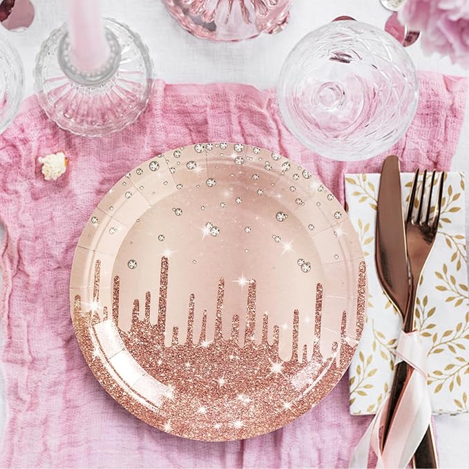 50PCS Rose Glitter Paper Plates - 7inch Pink Gold Diamond Birthday Dessert Plate for Cake Salad Pizza Disposable plates Supplies for Girls Women Mermaid Anniversary Birthday Wedding Theme Party