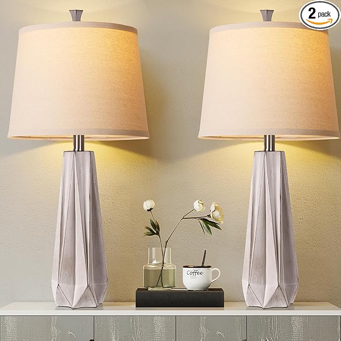 WIHTU 3 Color Temperature Table Lamps Set of 2, Beside Lamp with Linen Shade, 27'' Light Wood Color Modern Table Lamp for Living Room, Resin Desk Lamp for Nightstands Bedroom Decor (2 Bulbs Included)