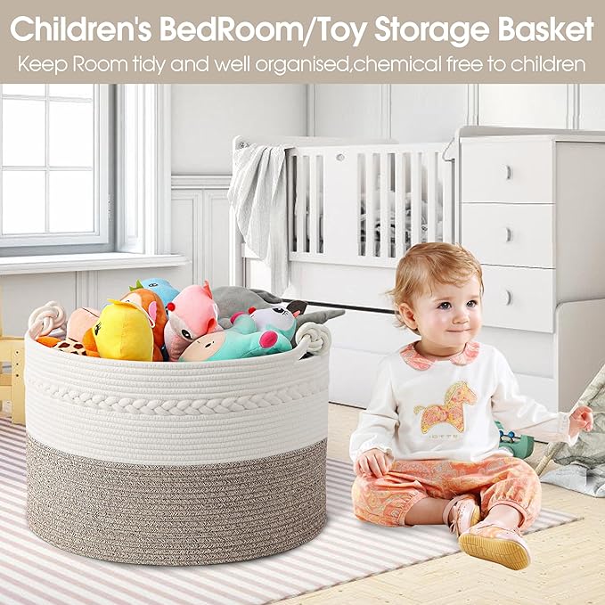 Laundry Basket,20''x13''Woven Cotton Rope Laundry Hamper,Blanket Basket for Living Room;Toy storage;Woven basket;Nursery Storage Bin,Nursery hamper,Boho Room Decor (White+Brown)