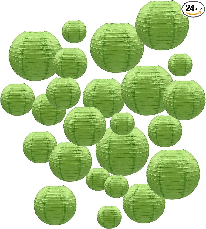 Handmade Decorative Chinese Japanese Hanging Paper Lanterns 24pcs Assorted Sizes 6", 8", 10", 12" Mixture Colors Decoration for Home, Weddings and Parties Lanterns (All Green)