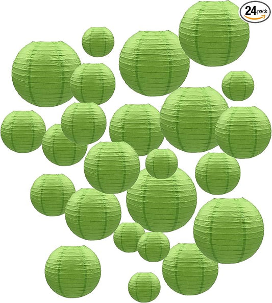 Handmade Decorative Chinese Japanese Hanging Paper Lanterns 24pcs Assorted Sizes 6", 8", 10", 12" Mixture Colors Decoration for Home, Weddings and Parties Lanterns (All Green)