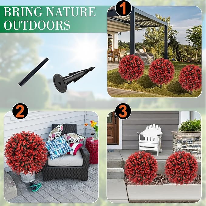 Set of 2 Artificial Red Boxwood Topiary Ball Bush for Outdoor with Ground Spike 22", UV Resistant Faux Greenery Shrubs, Fake Red&Green Boxwood Plants for Garden, Yard, Porch, Patio Decor