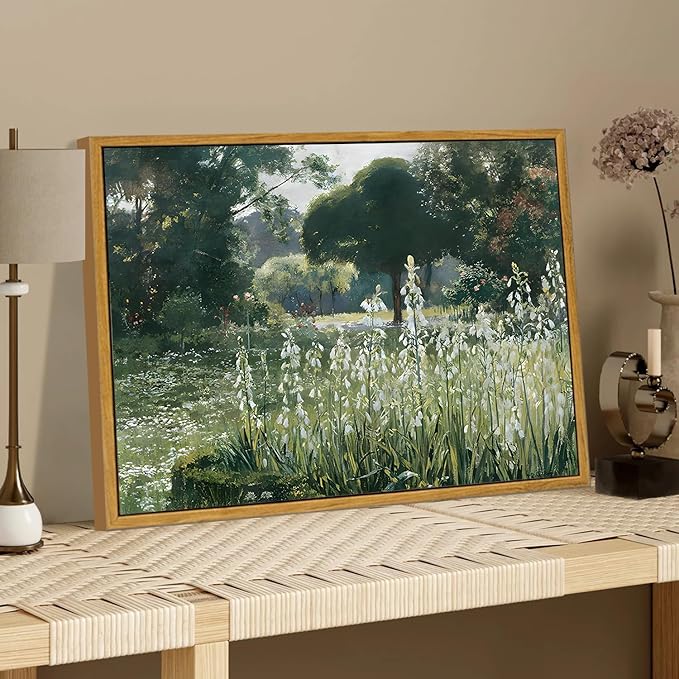 KBKBART Framed Canvas Wall Art, Vintage Meadow with Flowers Oil Painting, Classical Canvas Artwork Decor, Scenery Wall Art Prints for Bedroom Living Room, Bathroom Decor, Gallery, Gifts for Friends or Family (12"x16")