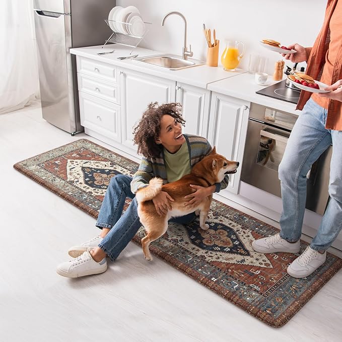 KIMODE Kitchen Runner Rug,17.3" x 59" Anti Fatigue Kitchen Mats for Floor Cushioned,Non-Slip Waterproof Comfort Thick Kitchen Floor Standing Mat for Front Sink,Laundry Room,Vintage Red