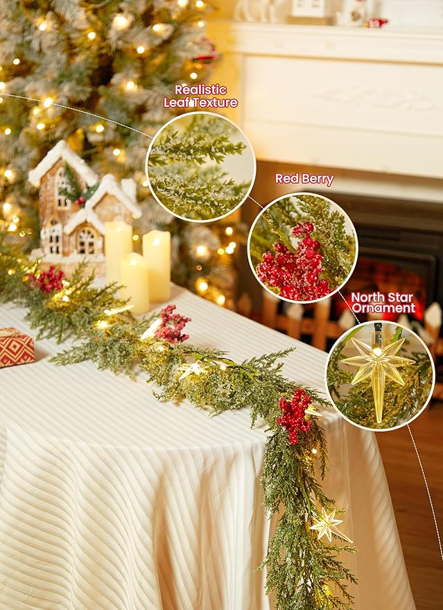 Brightown Christmas Garland with Lights, 6Ft 20 LED Lighted Pine Leaves Garland Decorated with Snowflakes, Berry, North Star, Battery Operated Indoor & Outdoor Christmas Lights for Mantle Stairs Wall