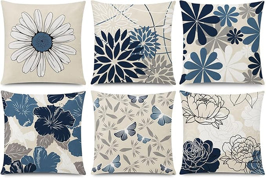 Blue White Pillow Covers 20x20 Set of 6, Daisy Flower Throw Pillow Cover Case, Modern Floral Couch Pillow Cover for Sofa Living Room Farmhouse Home Decor