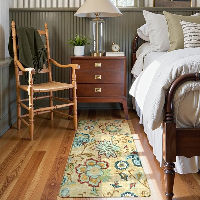 Lahome Floral Runner Rug - 2x4 Area Rug Non-Slip Low-Pile Washble Entryway Runner Rug Small Throw Laundry Mat Bathroom Runner, Boho Beige Paisley Carpet Runners for Hallway Bedroom Kitchen Foyer